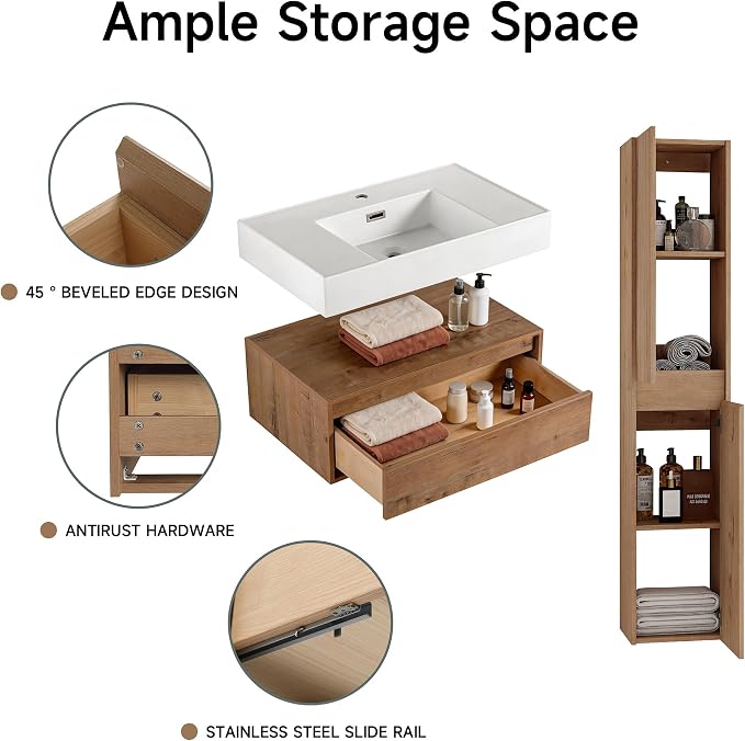 30 Inch Floating Bathroom Vanity with Sink, Modern Wall-Mounted Bathroom Cabinet with Resin Sink & Soft Close Drawer & Side Cabinet, Split-Level Layout (Nature Oak, 30"+2 Side cabinets)