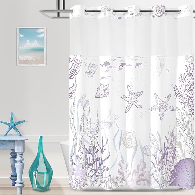 No Hook Shower Curtain and Liner Set, Purple Beach Coastal 71x84 | Nautical Ocean for Bathroom, with Snap in Liner Replacement, Mesh Top Window, Waterproof, Machine Washable, Quick-Drying