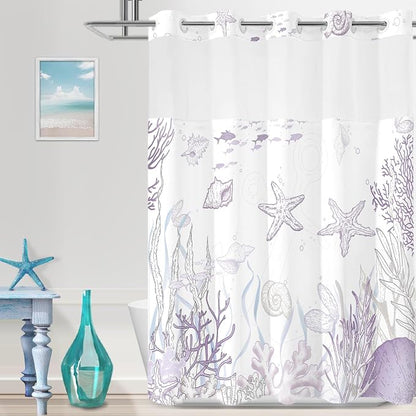 No Hook Shower Curtain and Liner Set, Purple Beach Coastal 71x84 | Nautical Ocean for Bathroom, with Snap in Liner Replacement, Mesh Top Window, Waterproof, Machine Washable, Quick-Drying