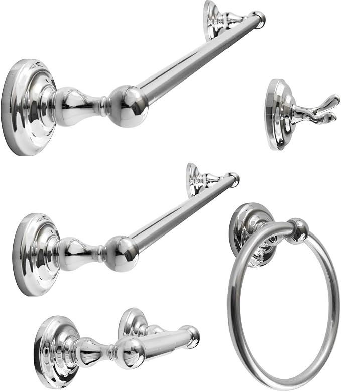 SENTO ROBIKI Bathroom Accessories Set, Bath Hardware, Includes Robe Hook, Toilet Paper Holder, Towel Ring, 18” & 24” Towel Bar, Duty Metal Bath Hardware Set Wall Mounted (5-Piece, Polished Chrome)