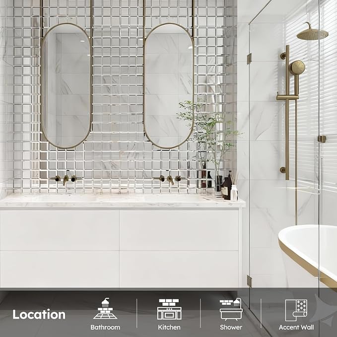 32 Pcs Mirror Peel and Stick Tile, Silver, 3x3 Inch, Beveled Mirror Square Kitchen Backsplash Bar Bathroom Wall Tile