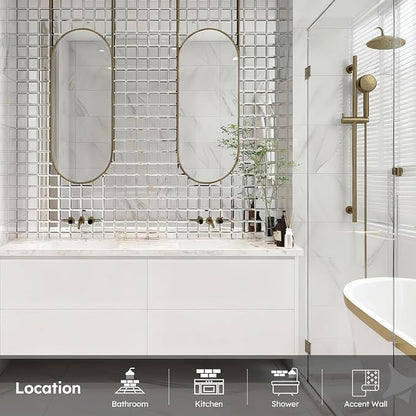 32 Pcs Mirror Peel and Stick Tile, Silver, 3x3 Inch, Beveled Mirror Square Kitchen Backsplash Bar Bathroom Wall Tile