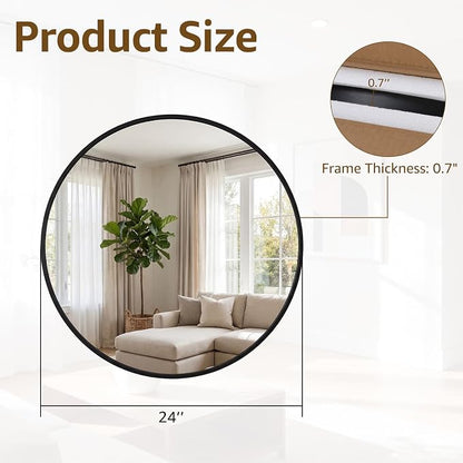 DUMOS 24 Inch Round Wall Mirror, Bathroom Mirrors for Over Sink | Matte Metal Framed Circle Mirror, Wall Decor for Bedroom, Entryway, Anti-Rust, Tempered Glass, Hanging or Leaning, Black