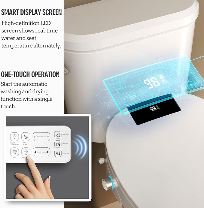 Bidet Toilet Seat with Remote Control, Electronic Heated Bidet Seat with Adjustable Warm Water and Pressure, Warm Air Drying, Display Screen, Night Light, Slow Closed Toilet Lid, Round