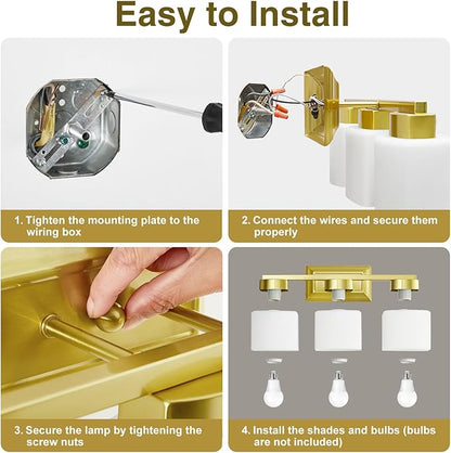 3-Light Bathroom Light Fixtures - Gold Bathroom Vanity Lights with Glass Shade Modern Bathroom Lighting Fixtures Over Mirror - Wall Sconce Lamps for Bedroom,Living Room,Hallway