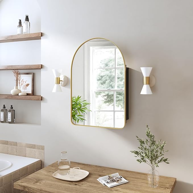 Casaphoria 24" H x 16" W Arched Wall Medicine Cabinets Mirrors, Bathroom Medicine Cabinet with Mirror, Metal Frame Wall Mirror Cabinet, Gold-G