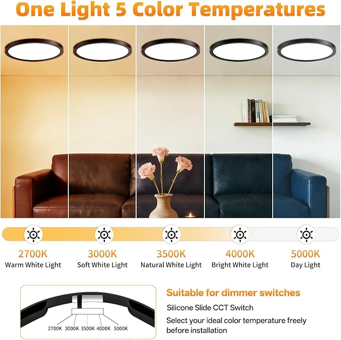12Inch 6Pack LED Flush Mount Ceiling Light,5CCT,ETL Listed,Dimmable Black | Hardwired 5CCT Selectable 2700K-5000K,24W 3200LM Dimmable Round Flat Panel Light Fixture for Bedroom,Kitchen,Bathroom&Indoor