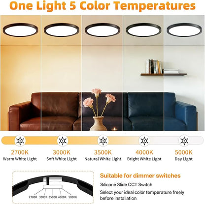 12Inch 6Pack LED Flush Mount Ceiling Light,5CCT,ETL Listed,Dimmable Black | Hardwired 5CCT Selectable 2700K-5000K,24W 3200LM Dimmable Round Flat Panel Light Fixture for Bedroom,Kitchen,Bathroom&Indoor