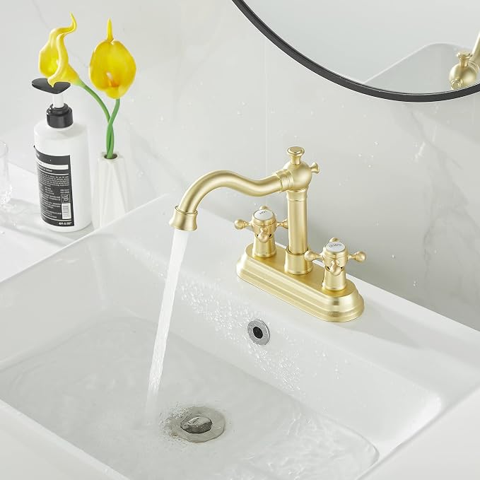 Bathroom Faucet Brushed Gold 2 Handles 4 Inches Centerset Bathroom Vanity with Drain Assembly and Supply Hose Lavatory Faucet