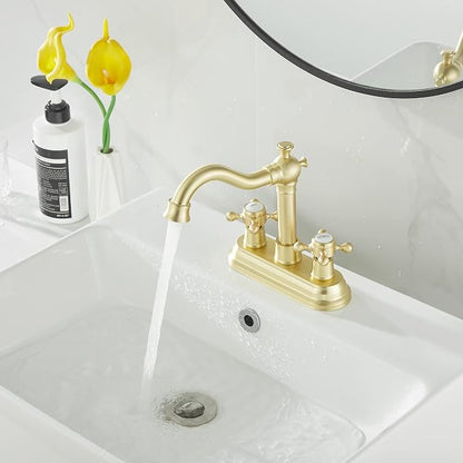 Bathroom Faucet Brushed Gold 2 Handles 4 Inches Centerset Bathroom Vanity with Drain Assembly and Supply Hose Lavatory Faucet