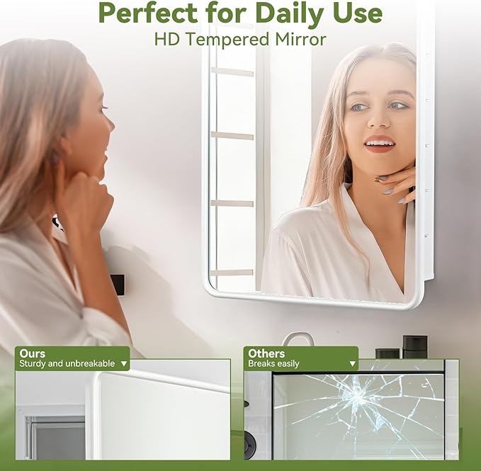 17 x 27 White Bathroom Medicine Cabinet with Mirror Metal Frame Recessed Or Wall Mounted Single Door Storage Medicine Cabinets with Adjustable Shelves Rounded Corner Beveled Mirrors
