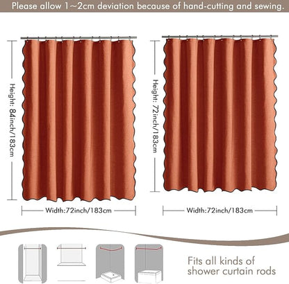MIULEE 72"x84" Extra Long Scalloped Linen Shower Curtain Burnt Orange | Linen Textured, Waterproof, Washable, 12 Metal Hooks, Heavy Duty Cloth, Black Border, Shower Curtain for Bathroom Bathtub