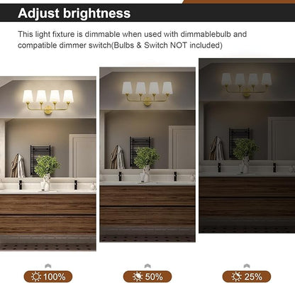 Bathroom Vanity Light, Brushed Gold Bathroom Light Fixtures, 4-Light Lighting Fixtures Over Mirror, Modern Wall Sconce with Flared White Fabric Shade, E26 Socket(ETL Listed)