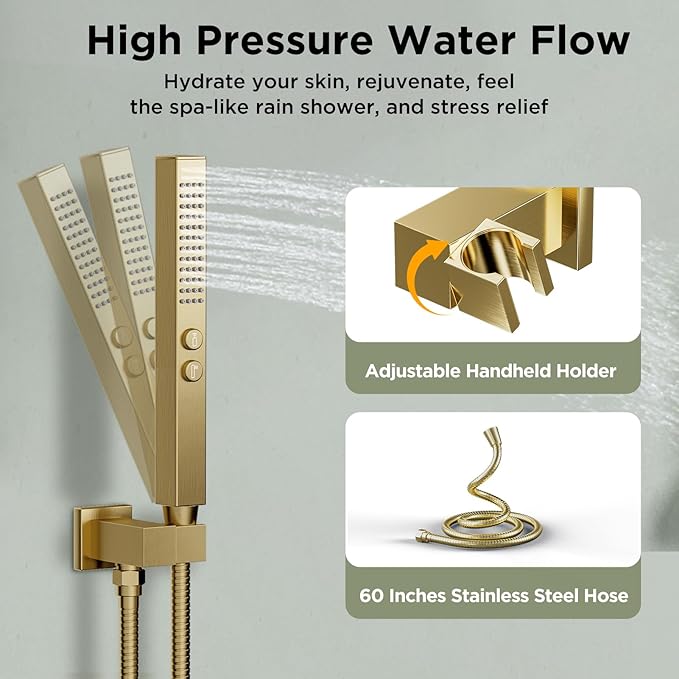 Shower System with 4 Body Spray Jets, STARBATH 4 Way 12 + 6"Rainfall Shower Head with Handheld Combo, Ceiling Mounted Shower Jets System in Wall Shower Faucet Set, Brushed Gold