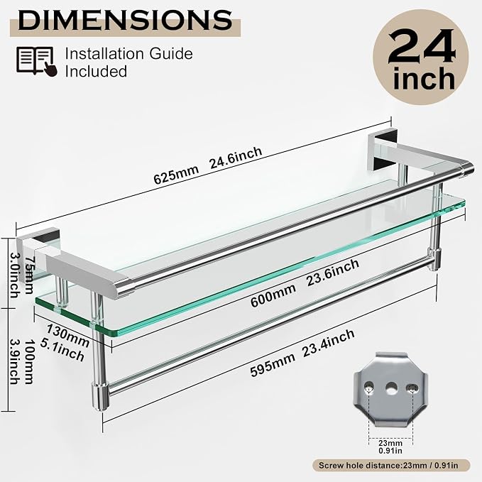 24 Inches Floating Glass Shelves for Wall with Towel Bar/Track, SUS 304 Stainless Steel Railing Tempered Glass Shelf, for Toilet, Room Decor Modern (Chrome Polished, 24-inch)