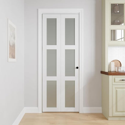 Bifold Doors for 30" x 80" Opening,3-lite Tempered Frosted Glass | Closet Folding Doors with Hardware kit Included, Easy Assembly for Pantry Closet, White,Water-Proof PVC Surface