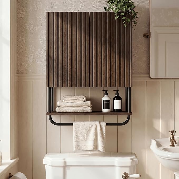 Fluted Bathroom Wall Cabinet,Wood Medicine Cabinet with Towel Bar Walnut | Fernitry Over the toilet Storage Cabinet Walnut Wall Mounted with Adjustable Shelf 3 Tier Farmhouse with 2 Doors Retro