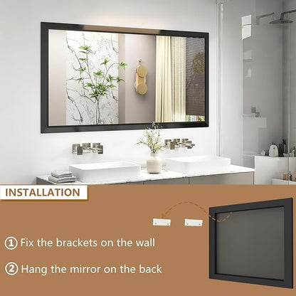 SMIROR 66x36 Matte Black Bathroom Vanity Mirror for Over Sink | Metal Wide Frame, Rectangle, Right- Angle Corner, Anti-Rust, Horizontally or Vertically Wall- Mounted for Home Remodel