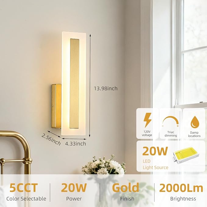 Hardwired Wall Sconces Set of 2 Dimmable Modern Gold LED Wall Light | 14Inch Modern Bathroom Vanity Light 3000K 3500K 4000K 5000K 6000K, Indoor Wall Lights for Bedroom, Living Room,Hallway