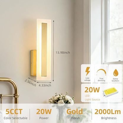 Hardwired Wall Sconces Set of 2 Dimmable Modern Gold LED Wall Light | 14Inch Modern Bathroom Vanity Light 3000K 3500K 4000K 5000K 6000K, Indoor Wall Lights for Bedroom, Living Room,Hallway