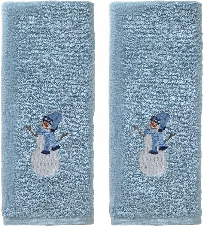 SKL Home Christmas/Winter Snowman Sled Hand Towel Set-2pc, Blue | 100% Cotton. Soft & absorbent terry with embroidery. Great for the bathroom, kitchen or bar & holiday gifting.