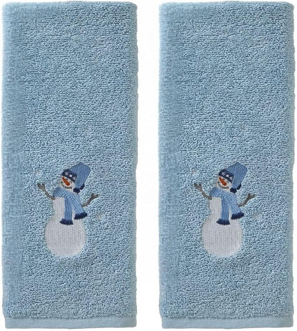 SKL Home Christmas/Winter Snowman Sled Hand Towel Set-2pc, Blue | 100% Cotton. Soft & absorbent terry with embroidery. Great for the bathroom, kitchen or bar & holiday gifting.