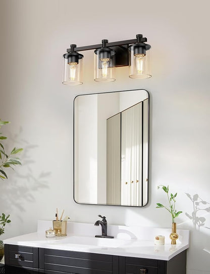Bathroom Light Fixture, Bathroom Vanity Light Over Mirror, 3-Lights | Vanity Lights for Bathroom, Modern Lighting Fixtures with Clear Glass Shade, Black Vanity Lights, ETL Listed, 17inch