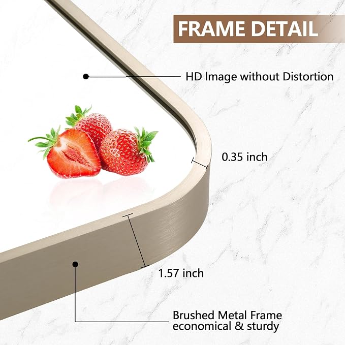 16x24 Inch Brushed Nickel Bathroom Mirror, Framed Rectangle Mirror with Rounded Corner, Brushed Mirror, Silver Bathroom Mirror for Over Sink, Vanity, Living Room, Bedroom, Horizontal/Vertical