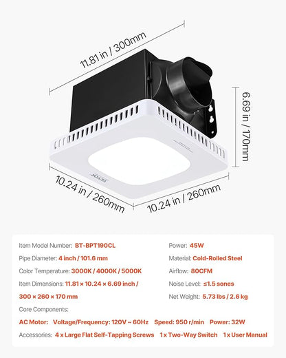 VEVOR Bathroom Exhaust Fan with LED Light, 80 CFM Bathroom Vent Three Gear Color Temp, 1.5 Sones Low-Noise, Premium AC Motor Ceiling Fan for Laundry Room, Storage Room, Home Ventilation, White