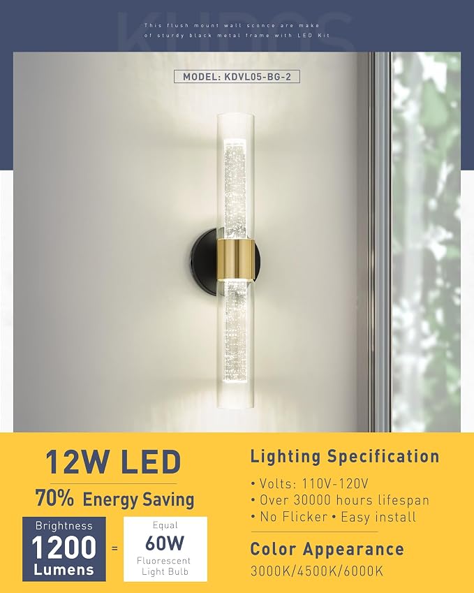 kudos Black and Gold LED Vanity Light, Crystal Bubble and Clear Glass, 3CCT | 11W, 1000 Lumens,3000K, 4500K and 6000K Selectable, Hardwired, for Bathroom, Bedroom and Over Mirror, KDVL05-BG-2