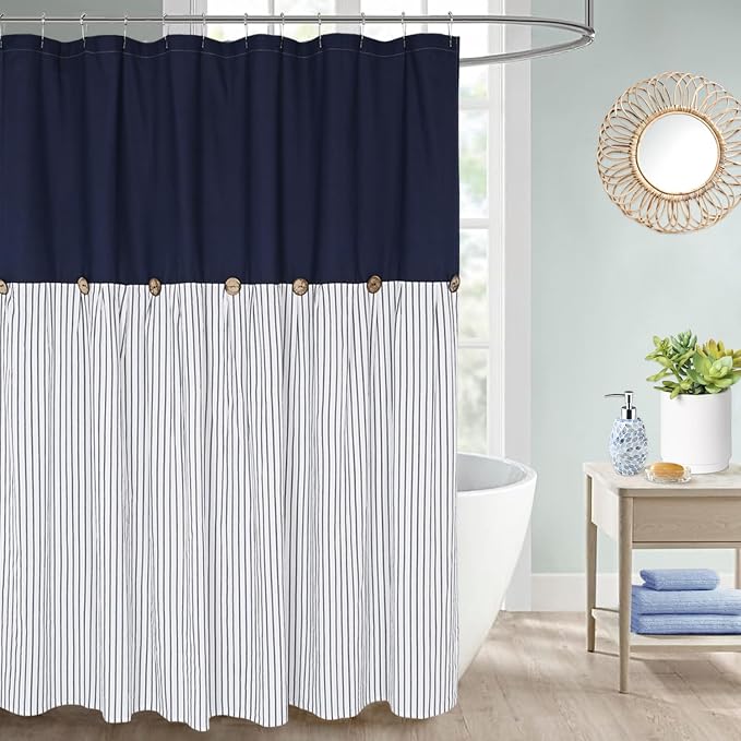DOSLY Ides Farmhouse Navy Blue and Beige Stripe Shower Curtain for Bathroom, Cotton Blend Woven Fabric with Button, Rustic Charm Country Chic Style, 72x84 in