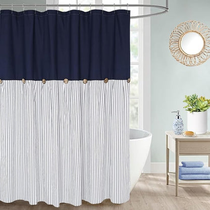 DOSLY Ides Farmhouse Navy Blue Shower Curtain for Bathroom, Beige and Navy Stripe, Button Curtain, Cotton Blend Woven Fabric, Rustic Charm Country Chic Style, 72x72 in