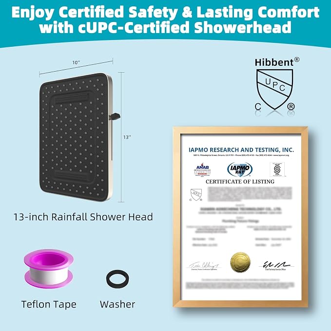 Hibbent cUPC Certified 5 Spray Modes Shower Head, 13'' High Pressure Large Rainfall Shower Head, High Flow Waterfall Bathroom Fixed Showerheads, Adjustable Swivel Ball Joint, Brushed Nickel