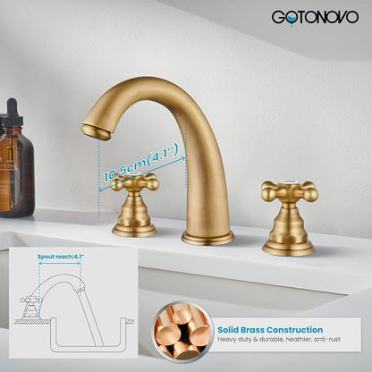 gotonovo Widespread Bathroom Sink Faucet 3 Hole Antique Brass,H&C Label | Vintage 8’’ Bathroom Faucet,2 Cross Handle,6-16’’ Sink,Vanity,RV,Farmhouse,SUS304,24’’ cUPC Hose,Pop Up Drain,Deck Mount