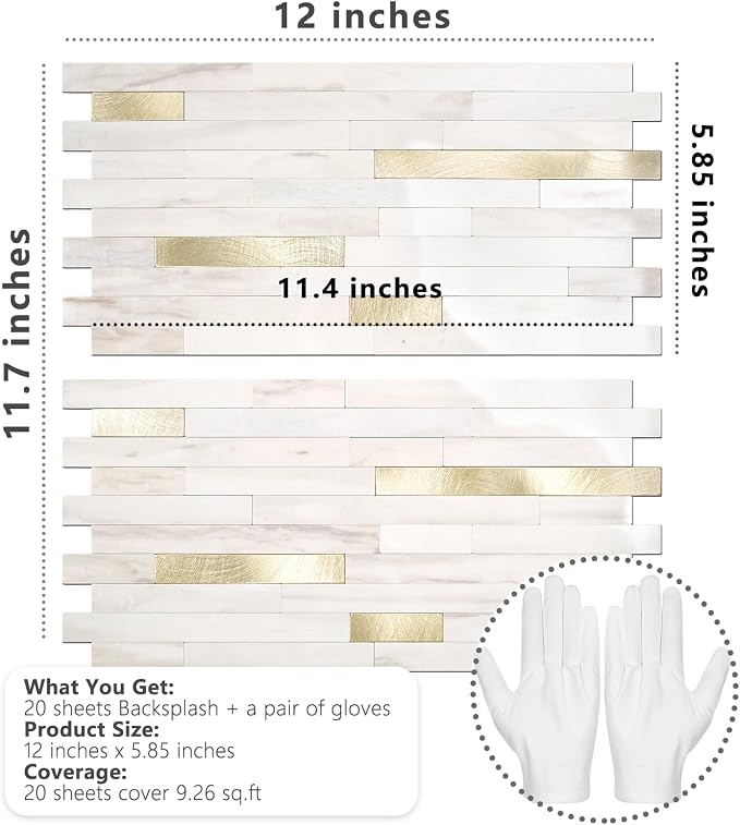STICKGOO 20 Sheets Peel and Stick Backsplash Tile, Stick on Backsplash for Kitchen and Bathroom, Glossy Eurasian Wood Grain PVC Mixed Metal Gold Self Adhesive Wall Tiles