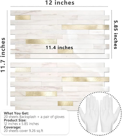 STICKGOO 20 Sheets Peel and Stick Backsplash Tile, Stick on Backsplash for Kitchen and Bathroom, Glossy Eurasian Wood Grain PVC Mixed Metal Gold Self Adhesive Wall Tiles