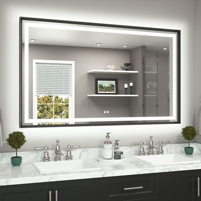 60 x 36 Large Bathroom Mirror Brushed Black Metal Frame Frontlit & Backlit Vanity Mirror 3 Colors White/Warm/Natural Stepless Dimmable Anti-Fog Bathroom Mirrors for Vanity Wall-Mounted