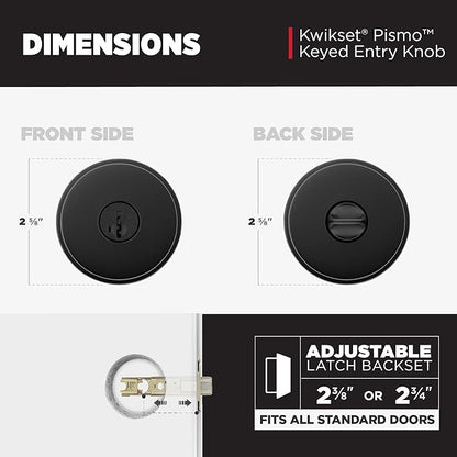 Kwikset Pismo Entry Door Knob with Lock and Key, Secure Keyed Handle Exterior, Front Entrance and Bedroom, Matte Black, Pick Resistant SmartKey Rekey Security and Microban