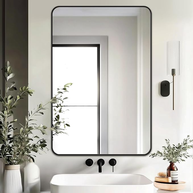Bathroom Vanity Mirror, Black Framed Mirror for Over Sink, 36x24 | HD glass, distortion-free for makeup and grooming, Sturdy frame, all mounting hardware, hangs horizontal or vertical