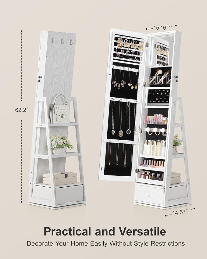 Nicetree 360° Swivel LED Jewelry Cabinet, Full-Length Mirror, Grain White