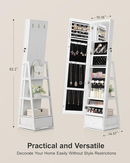 Nicetree 360° Swivel LED Jewelry Cabinet, Full-Length Mirror, Grain White