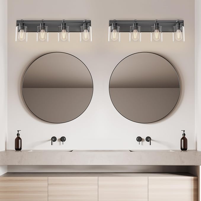 Bathroom Vanity Light,4 Light Matte Black Light Fixture with Thickened Clear Glass Shade, 30 inch Modern Wall Sconce, Bathrooms Vanity Light Over Mirror for Bathroom