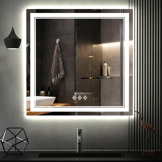LED Bathroom Mirror, 32x32 Inch Gradient Front and Backlight Lighted Vanity Mirror, 3 Colors Dimmable CRI>90 Double Lights, IP54 Enhanced Anti-Fog, Hanging Plates Wall Mount Bathroom Mirror
