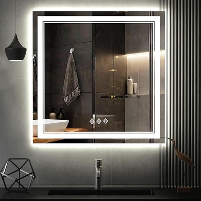 LED Bathroom Mirror, 32x32 Inch Gradient Front and Backlight Lighted Vanity Mirror, 3 Colors Dimmable CRI>90 Double Lights, IP54 Enhanced Anti-Fog, Hanging Plates Wall Mount Bathroom Mirror