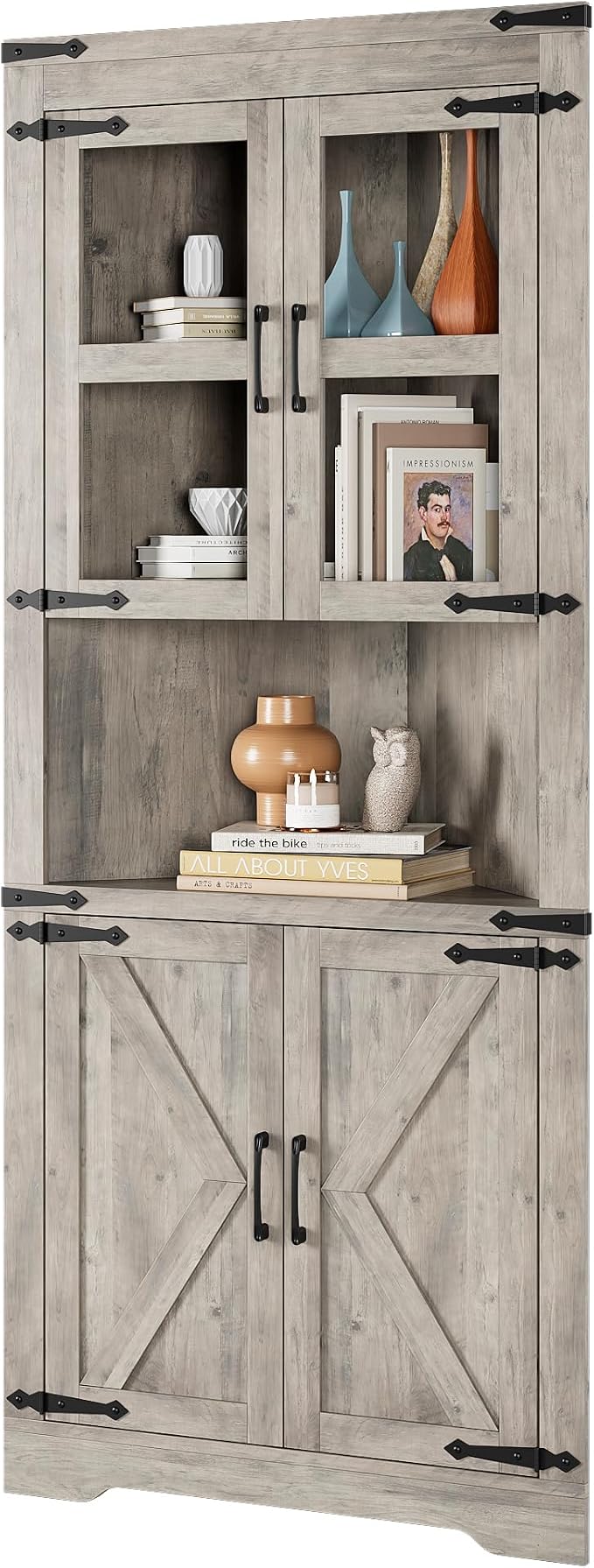 GAOMON Farmhouse Corner Cabinet, Tall Corner Storage Cabinet with Glass Door & Adjustable Shelves, Bathroom Cabinet with Storage for Living Room, Kitchen, Bathroom, Washed Grey