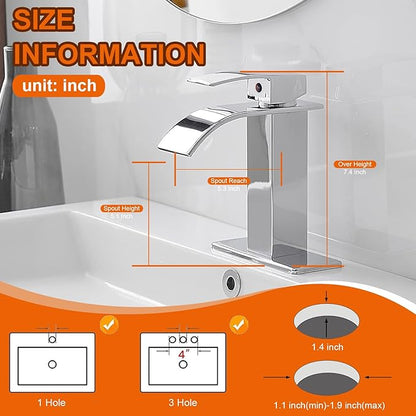 Chrome Bathroom Faucet, Waterfall Bathroom Sink Faucet, Bathroom Faucet 1 Hole, Single Handle Mixer Tap Lavatory Vanity Bath Commercial with Pop Up Drain Combo with Overflow