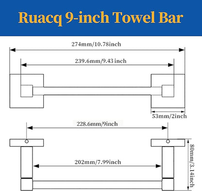 RUACQ Hand Towel Holder, 9 Inch Hand Towel Bar for Bathroom Wall Mounted, 304 Stainless Steel Towel Rack with Square Base(Matte Black)