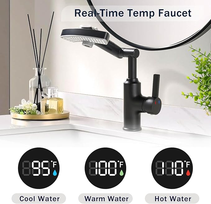 Black Rotatable Rain Faucet, Single Hole 360° Rotatable Bathroom Faucet, Single Handle Modern Bathroom Sink Faucet with LED Temperature Display(No Batteries) in Fahrenheit, 3 Water Modes