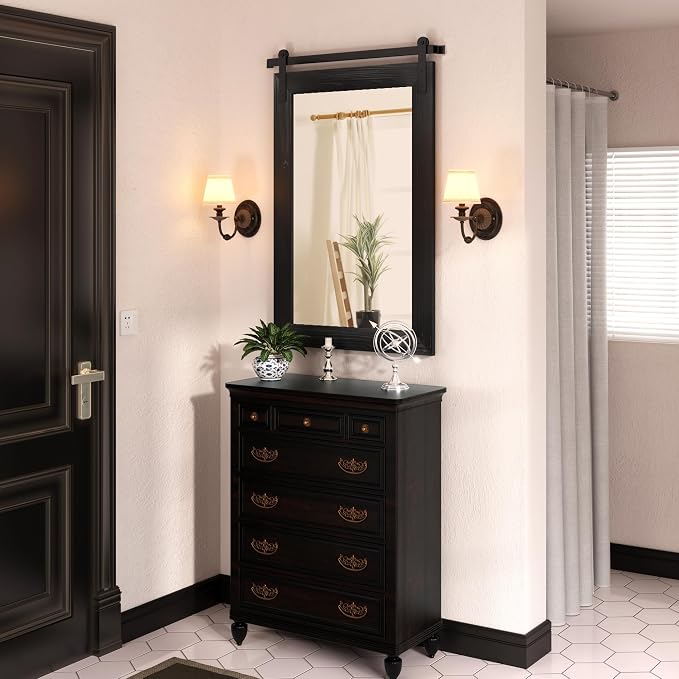 COGOOD Farmhouse Bathroom Mirrors for Over Sink - 38 x 25 Black | Rustic Barn Door Wood Framed Vanity Mirror for Entryway, Living Room, Bedroom, Dresser Wall Decor
