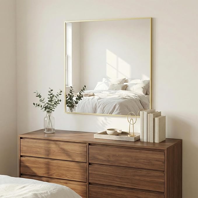 30"x30" Satin Gold Framed Square Bathroom Vanity Wall Mirror | Accent Wall Mirror, Square Geometric Look, Slim Metal Frame, Living Room or Entryway, Keyhole Mount, Tempered Glass